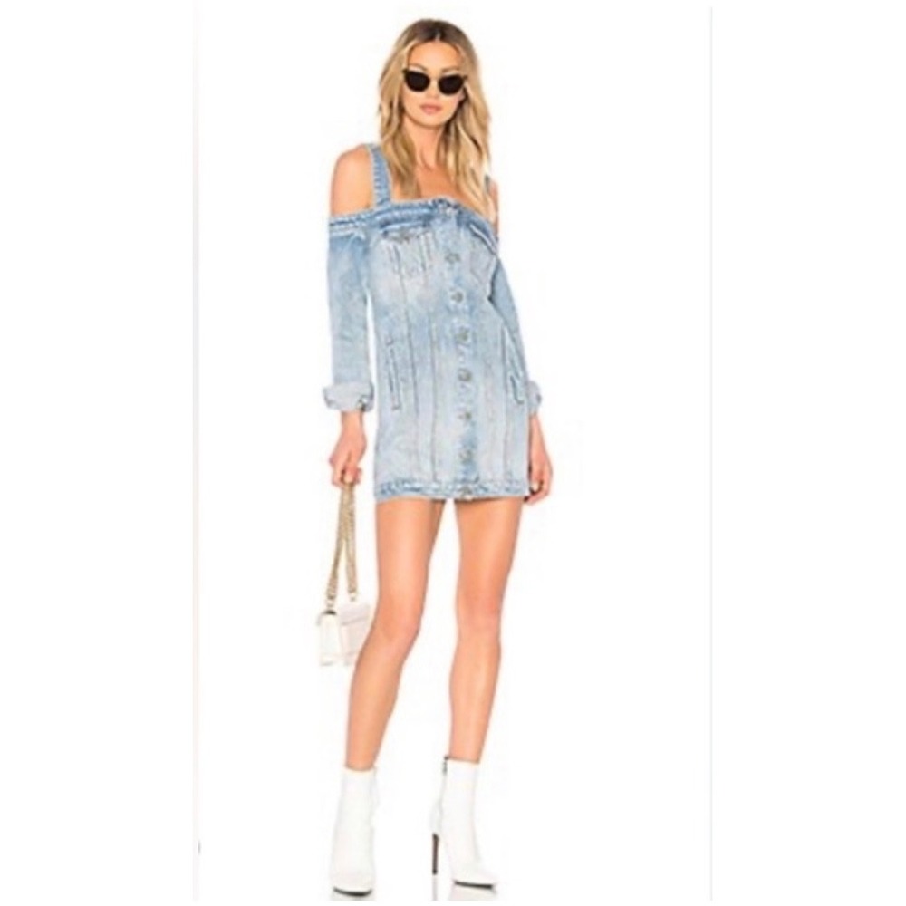 GRLFRND Click Denim Cold Shoulder Mini Dress Light Wash Medium Long Sleeve